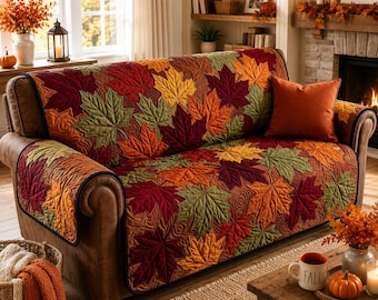 Juego de fundas para sofá y almohadas con estampado de hojas de arce otoñales, funda para sofá de otoño, decoración para sala de estar de Acción de Gracias, protector de muebles de cosecha.