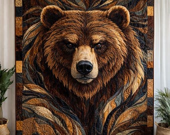 Brown Bear Portrait Blanket, Rustic Wildlife Bear Throw, Cabin Lodge Decor, Woodland Animal Art Blanket, Nature Lover Gift