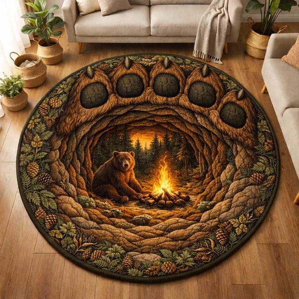 Bear Paw Campfire Round Mat, Rustic Forest Printed Circular Floor Mat, Woodland Cabin Nature Home Decor