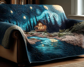 Funda para sofá con diseño de cabaña y cielo estrellado, funda para sofá con diseño de bosque de montaña, protector de muebles con paisaje rústico de cielo nocturno.