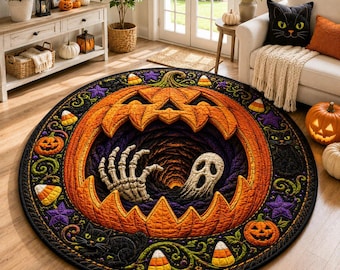 Alfombra redonda de calabaza de Halloween, alfombra de piso de fantasma espeluznante, alfombra de Halloween Jack O' Lantern, alfombra redonda de área de calabaza embrujada, decoración de otoño