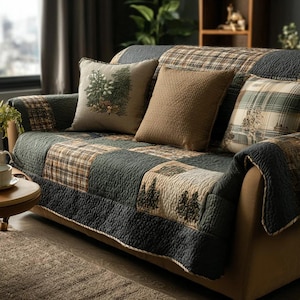 May include: A sofa with a patchwork quilt cover and decorative cushions. The quilt features a mix of plaid and solid squares in shades of brown, green, and tan. Cushions have tree and plaid designs.