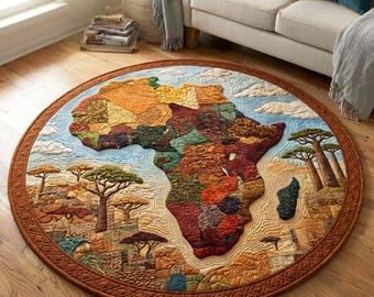 Africa Patchwork Map Round Mat – Colorful Tribal Landscape Design, Cultural Printed Floor Mat, Non-Slip Polyester