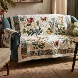 Può includere: Una fodera per divano color crema con ricami di farfalle e fiori nei toni del rosa, blu e bianco. La fodera è posta su un divano blu, con una fodera per bracciolo abbinata. Il design include una texture trapuntata.