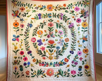 Manta acolchada floral colorida, manta floral bohemia, manta botánica de estilo bordado, regalo de decoración de jardín vintage
