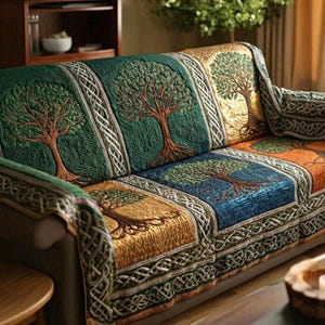 Peut inclure: Une housse de canapé multicolore avec un motif d'arbre de vie. La housse présente des panneaux dans les tons de vert, or, bleu et orange, chacun avec un motif d'arbre détaillé. Les bords sont ornés d'un motif de nœud celtique.