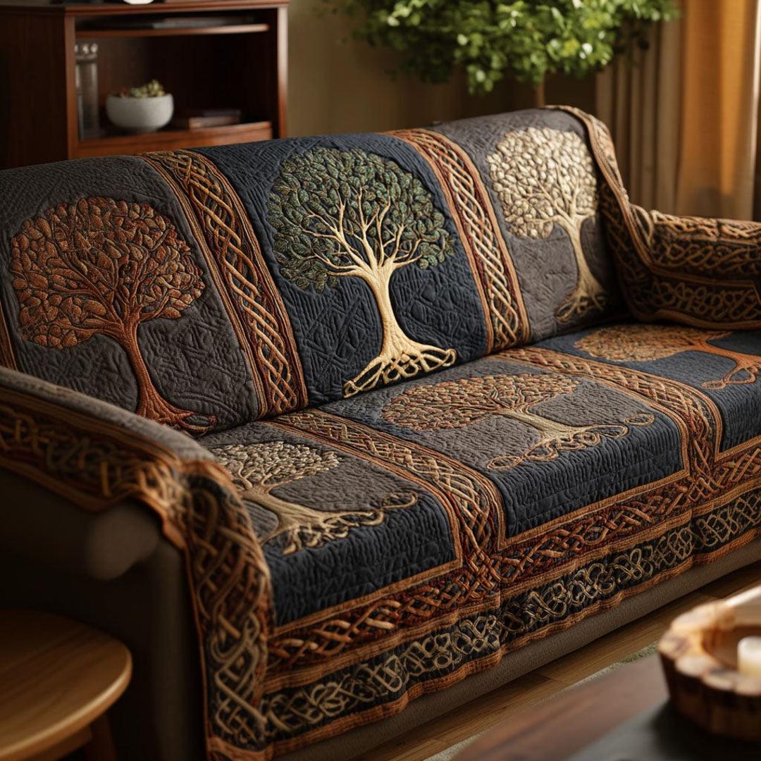 Tree of Life Quilted Sofa Cover and Pillow Cover Set, Lightly Padded ...