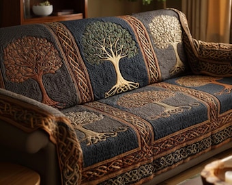 Tree of Life Quilted Sofa Cover and Pillow Cover Set, Lightly Padded Nature Patchwork Couch Protector, Rustic Earth Tone Home Decor