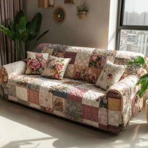 Puede incluir: Una funda de sofá patchwork con cojines con estampado floral. La funda presenta una mezcla de cuadrados estampados en tonos rosa, crema y gris. Los cojines muestran grandes flores de peonías rosas. El sofá está en una habitación bien iluminada.