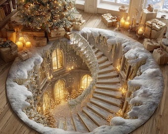 Christmas Portal Printed Round Mat, Winter Wonderland Staircase Illusion Floor Decor, Holiday Home Accent Round Mat