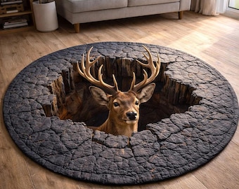 3D Deer Pit Round Mat – Realistic Hole Illusion Wildlife Design, Rustic Printed Floor Mat, Non-Slip Polyester