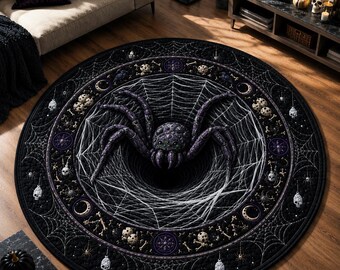 Alfombra redonda gótica con telaraña, alfombra de araña de Halloween, decoración gótica para el hogar, decoración oscura para habitaciones góticas, alfombra redonda espeluznante