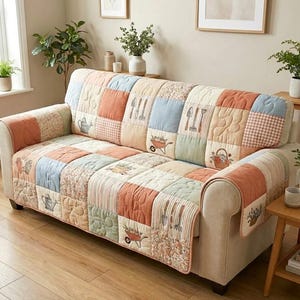 Juego de funda de sofá y funda de almohada con diseño de patchwork de jardín en tonos pastel, protector de sofá de estilo rústico campestre, funda para muebles de jardinería floral