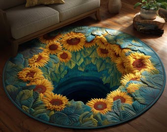 Sunflower 3D Illusion Round Mat, Floral Depth Effect Printed Round Floor Mat, Sunflower Home Decor