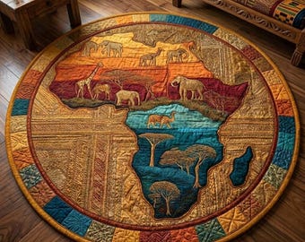 Africa Map Round Mat – Safari Wildlife Design with Elephants & Giraffes, Ethnic Tribal Printed Floor Mat, Non-Slip Polyester