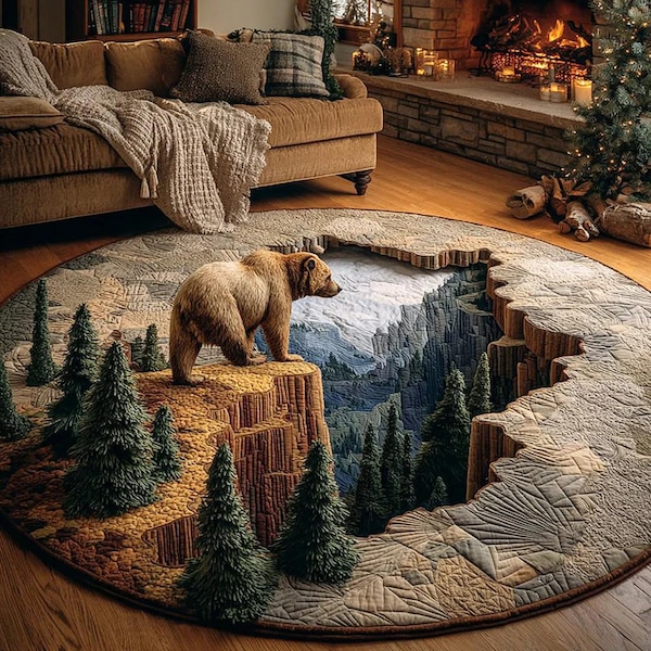 3D Bear Canyon Round Area Rug, Mountain Wildlife Illusion Floor Mat, Rustic Cabin Home Decor