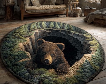 Alfombra redonda acolchada con ilusión 3D de oso, diseño de bosque con agujero de oso, decoración rústica de cabaña natural