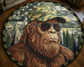 Bigfoot Round Floor Mat, Sasquatch Camo Rug, Patriotic Woodland Round Rug, Funny Rustic Cabin Home Decor