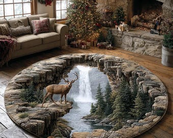 3D-Hirsch-Wasserfall-Rundteppich, Hirschschlucht Illusion Gedruckte Bodenmatte, Rustikaler Waldrunder Teppich Cabin Home Decor