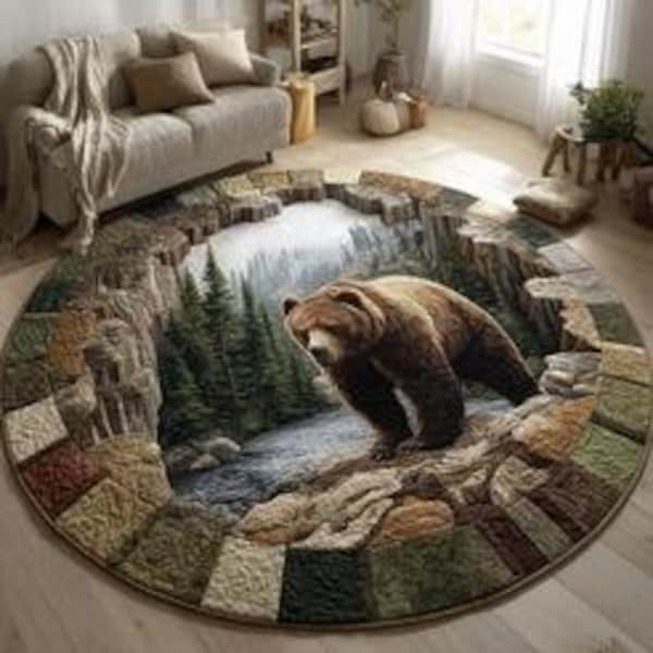 Bear Canyon Round Mat, Mountain Bear Circle Rug, Wilderness Wildlife Floor Decor