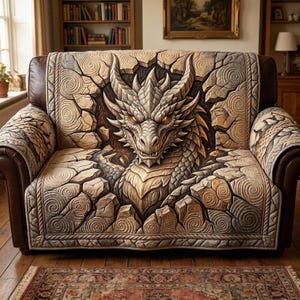 Set copridivano e copricuscino con drago di pietra, protezione per divano in stile gotico fantasy con drago, coprimobili medievali e mitologici.