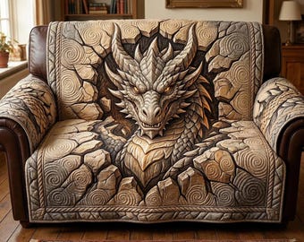 Stone Dragon Guardian Sofa Cover and Pillow Cover Set, Gothic Fantasy Dragon Couch Protector, Medieval Mythical Furniture Cover