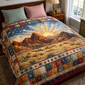 May include: A quilted bedspread featuring a desert landscape with mountains, a setting sun, and a starry sky. The quilt has a patchwork border in shades of red, blue, and tan, creating a rustic, Southwestern theme.