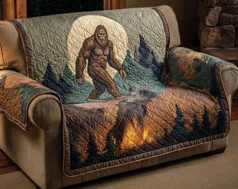 Bigfoot Forest Night Sofa Cover with Pillow Cover, Rustic Cabin Couch Cover Set, Sasquatch Woodland Furniture Protector