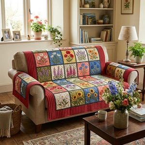 Puede incluir: Una funda de sofá de patchwork floral con un borde rojo. La funda presenta cuadrados bordados con varias flores en colores vibrantes como el azul, el amarillo y el rosa. El sofá es beige y la habitación tiene un ambiente acogedor y acogedor.
