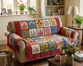 Wildflower Patchwork Sofa Cover, Colorful Floral Couch Cover, Cottage Garden Living Room Decor