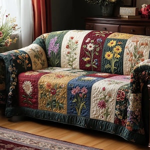 Può includere: Una coperta per divano patchwork floreale con fiori ricamati in vari colori. La coperta è realizzata in tessuto trapuntato e ha un bordo verde scuro. Il design include motivi floreali rossi, gialli, blu e bianchi.