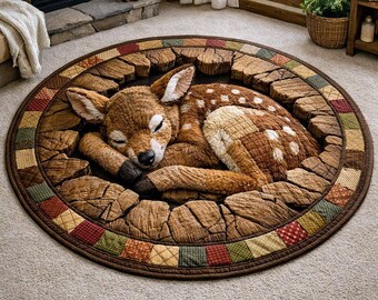 Sleeping Deer Round Mat – Cozy Woodland Animal Design, Rustic Forest Printed Floor Mat, Non-Slip Polyester