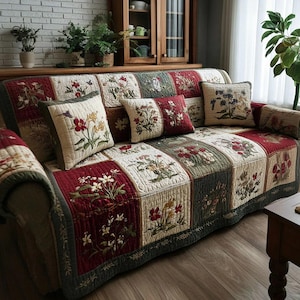 Può includere: Una fodera per divano patchwork floreale e cuscini abbinati. La fodera presenta un motivo di fiori ricamati in quadrati rossi, crema e verdi. I cuscini hanno disegni floreali simili. Il divano è ambientato su uno sfondo neutro.