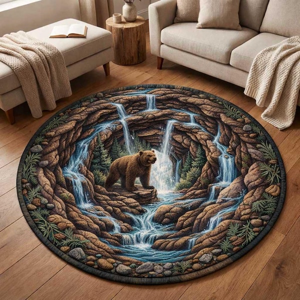 Waterfall Bear Forest Round Mat, Rustic Wildlife Printed Circular Floor Mat, Nature Cabin Home Decor