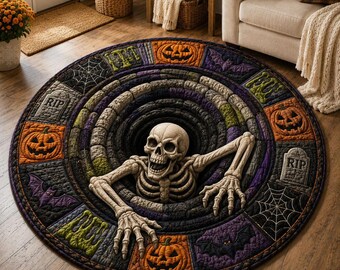 Alfombra redonda de esqueleto de Halloween, alfombra de piso de calavera espeluznante, alfombra de Halloween de esqueleto 3D, alfombra redonda gótica de calabaza, decoración de casa embrujada