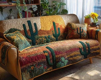 Desert Cactus Sunset Sofabezug mit Kissenbezug, südwestlicher Couchbezugsset, Boho-Landschaftsmöbelschutz