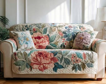 Vintage Floral Sofa Cover with Pillow Cover, Cottage Garden Couch Cover Set, Elegant Botanical Furniture Protector