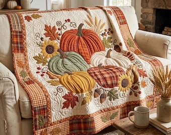 Manta acolchada de cosecha de calabazas, manta de otoño con diseño de calabazas, manta decorativa para Acción de Gracias, manta de otoño estilo granja, regalo acogedor de temporada.