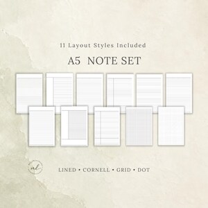 A5 Printable Planner Inserts Lined Cornell Grid Dot Note Paper Bundle PDF
