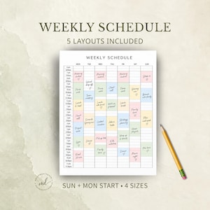 May include: A weekly schedule planner sheet with 5 layouts included, featuring a grid with days of the week and hourly time slots from 6 am to 11:30 pm. The grid contains colorful pastel blocks with handwritten text and a yellow pencil beside it.