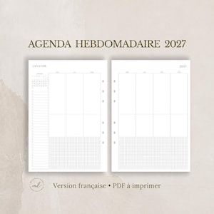 May include: A 2027 weekly planner layout featuring two white pages with black text and grid lines. The left page shows a monthly calendar for January, a vertical list, and columns. The right page includes columns and a grid section at the bottom.