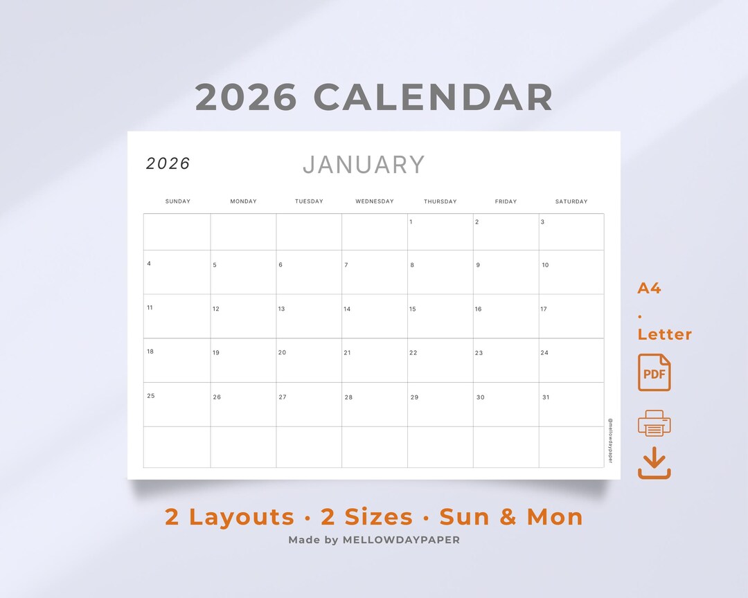 2026 Landscape Monthly Calendar Printable PDF | Grid & Clean Grid | A4
