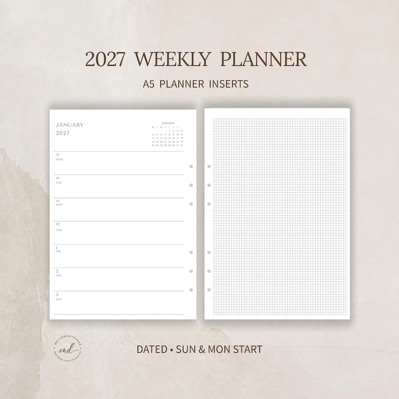 2027 A5 Weekly Planner Inserts Printable Week on Two Pages With Grid ...