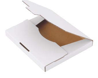 May include: A white cardboard postal box with a partially open lid. The interior of the box is brown, contrasting with the white exterior. The box is designed for flat items and has a simple, clean design.