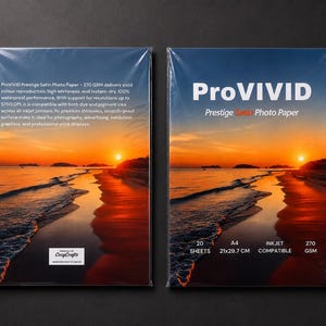 May include: Two packs of ProVIVID Prestige Satin Photo Paper are shown. The packaging displays a sunset beach scene. Text on the packaging includes "ProVIVID," "Prestige Satin Photo Paper," and details like 20 sheets, A4 size (21x29.7 cm), inkjet compatible, and 270 GSM.