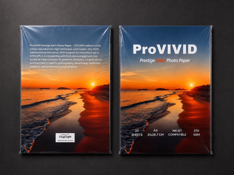 May include: Two packs of ProVIVID Prestige Satin Photo Paper are shown. The packaging displays a sunset beach scene. Text on the packaging includes "ProVIVID," "Prestige Satin Photo Paper," and details like 20 sheets, A4 size (21x29.7 cm), inkjet compatible, and 270 GSM.