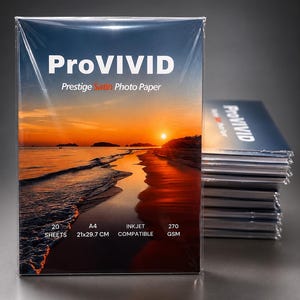 May include: ProVIVID Prestige Satin Photo Paper, A4 size (21x29.7 cm), in a clear wrapper. The packaging shows a sunset beach scene. The paper is inkjet compatible, 270 GSM, and contains 20 sheets. A stack of the same paper is visible.