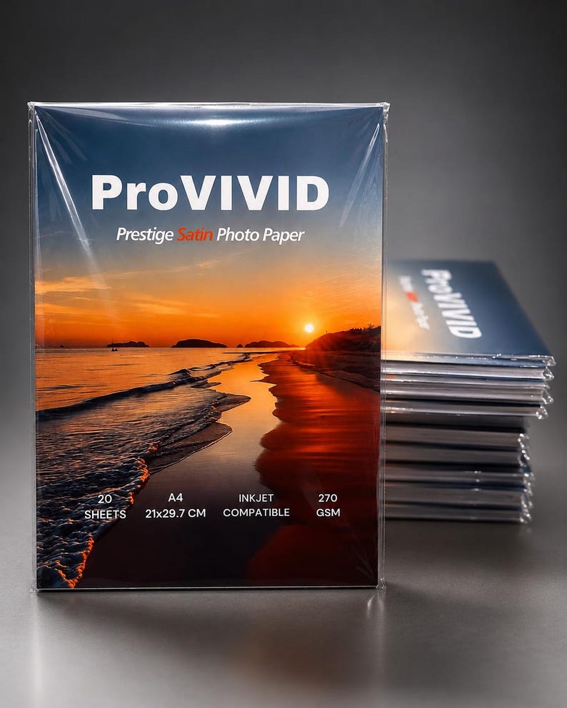 May include: ProVIVID Prestige Satin Photo Paper, A4 size (21x29.7 cm), in a clear wrapper. The packaging shows a sunset beach scene. The paper is inkjet compatible, 270 GSM, and contains 20 sheets. A stack of the same paper is visible.