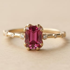 Puede incluir: Un anillo de oro con una piedra preciosa rectangular de color rosa intenso como pieza central. El anillo tiene un diseño delicado con pequeñas piedras redondas y un engaste detallado. La banda es de color oro cálido y el diseño general es elegante.