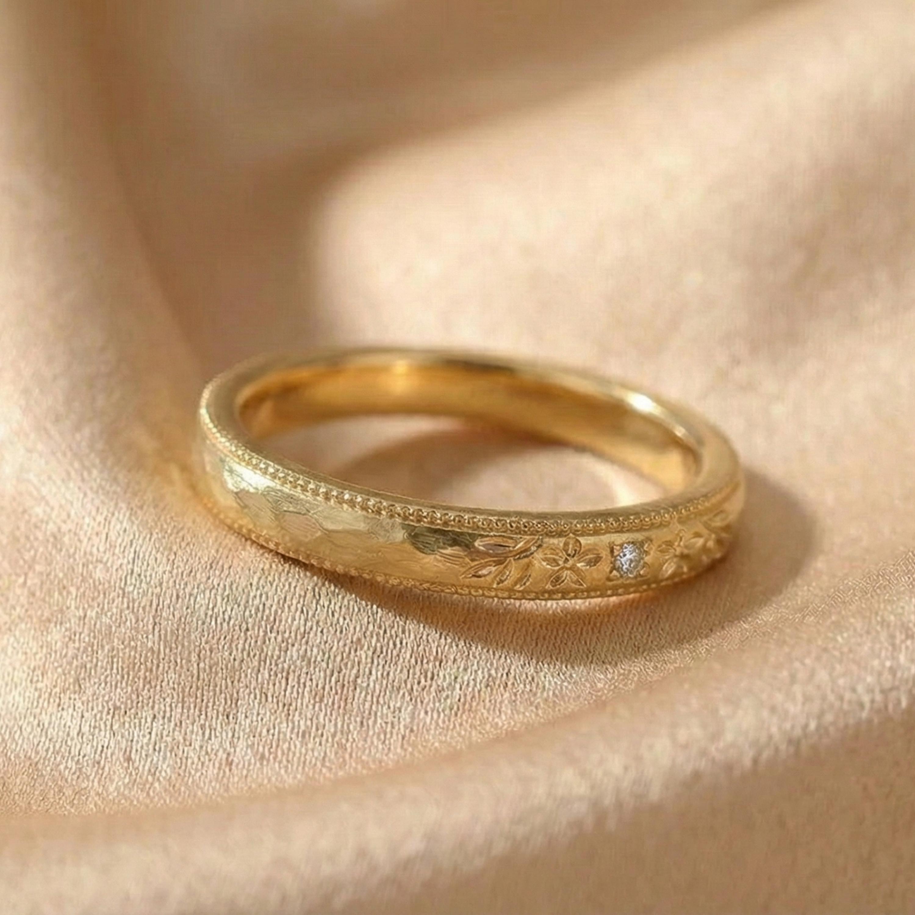 14K Gold Floral Engraved Ring, Cubic Zirconia, Promise Ring - Etsy